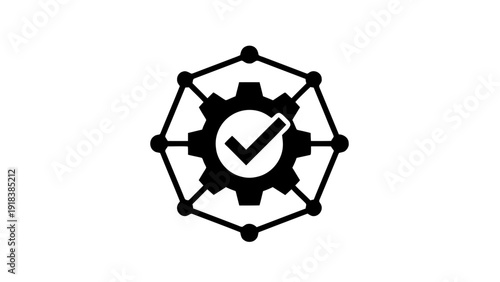 Vector illustration of black and white icon representing verified process, quality control, or successful engineering mechanism on a transparent background