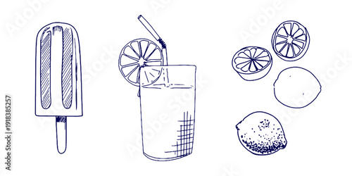 Hand Drawn Ice Cream, Drink and Lemons Vector Illustration for Summer Refreshment Design