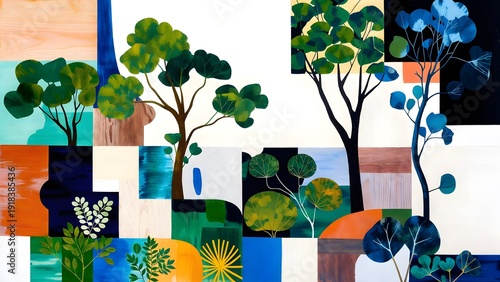A modern abstract artwork featuring stylized trees and plants arranged within a vibrant grid of color.