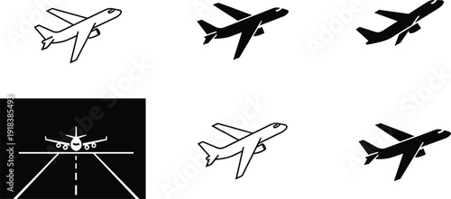 Airplane landing and takeoff silhouette icon set aviation vector collection isolated on white background