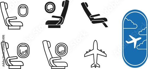 Airplane seat and aircraft window icon set travel aviation vector collection isolated on white background