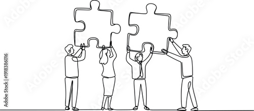 Four people holding large puzzle pieces together in a collaborative effort collaboration teamwork
