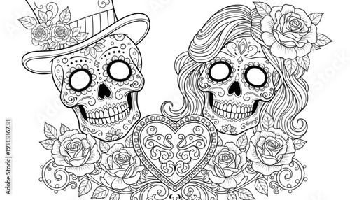 Day of the Dead Couple Skull Art for Wedding Invitations, Tattoo Design, Gothic Romance, Celebration Decor