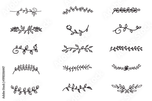 Collection of elegant black floral divider elements isolated on transparent background