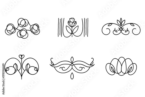 Elegant black line art decorative elements isolated on transparent background