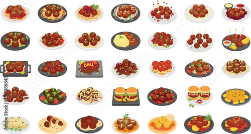 Collection of delicious meatballs in various dishes