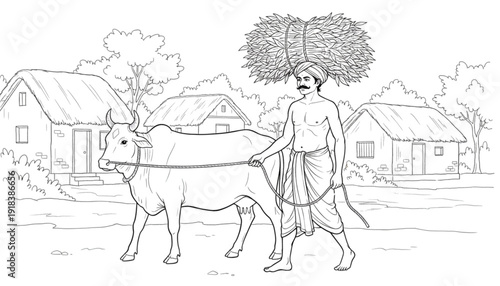 Traditional Village Farmer Leading Ox with Hay Bundle Rural Life Agriculture Line Art
