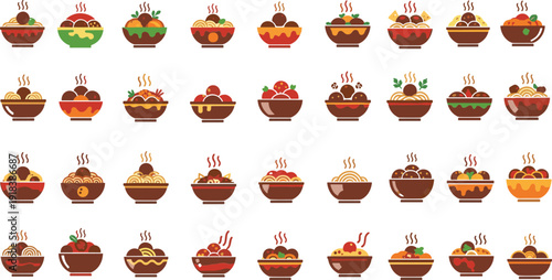 Collection of delicious noodle dishes in bowls