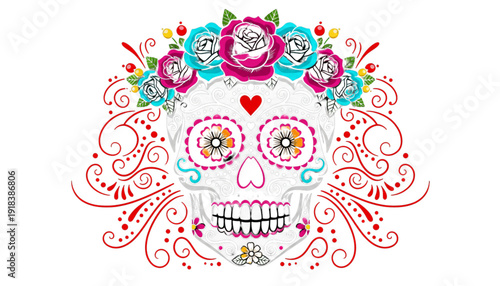 Vibrant Sugar Skull Calavera with Floral Crown for Dia de los Muertos Celebration and Festive Mexican Holiday Design
