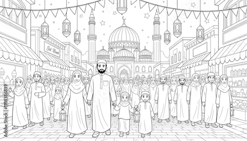 Joyful Muslim Community Celebrating Ramadan Eid in Festive Market Street with Mosque Line Art