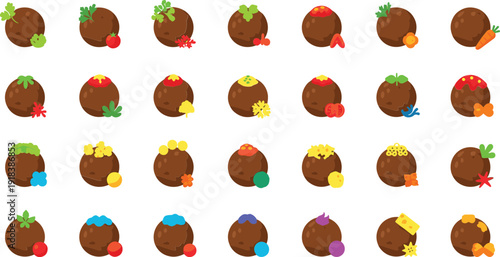 Colorful cartoon potatoes with creative toppings and garnishes