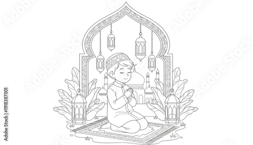 Peaceful Muslim Boy Praying on Mat. Islamic Child Worship Coloring Page for Ramadan Eid. Kids Religious Activity.