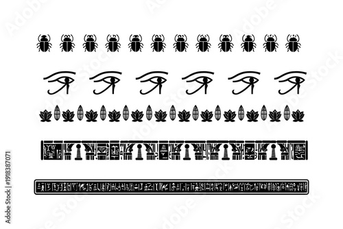 Ancient Egyptian hieroglyphic symbols and elements isolated on transparent background
