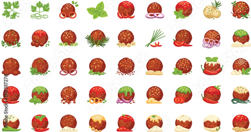 Meatballs with various toppings and ingredients