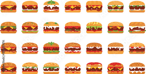 Variety of delicious burgers with different toppings and condiments