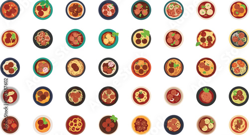 Variety of Italian pasta dishes with meatballs and sauces