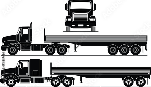 Semi Truck Flatbed Trailer Vector Illustration Set, Front And Side View Heavy Duty Cargo Transport Vehicle Isolated On White Background