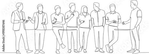 Group of people standing and sitting in a casual business setting with a line dividing them