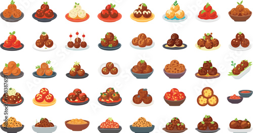 Variety of meatballs served in different sauces and plates