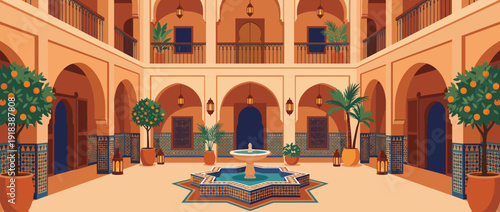 Flat Vector Illustration of a Traditional Moroccan Riad Courtyard with Central Star Fountain, Mosaic Zellige Tiles, Arched Architecture, Potted Orange Trees, Palm Plants, and Hanging Lanterns