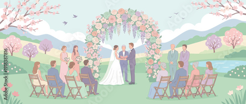 Romantic outdoor spring wedding ceremony vector illustration featuring bride and groom under a floral arch, officiant, bridesmaids, groomsmen, and seated guests in a scenic garden landscape.