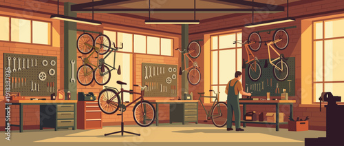 Flat vector illustration of a professional bicycle repair shop with a mechanic working at a workbench, various bikes hanging on brick walls, tools on pegboards, and warm indoor workshop lighting.