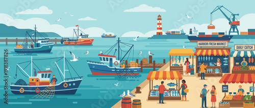 Vibrant flat vector illustration of a bustling harbor featuring fishing trawlers with nets, a lively waterfront market selling fresh fish and produce, a lighthouse, cargo ships, and shoppers.