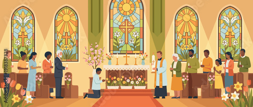 Flat vector illustration of an Easter church service scene with stained glass windows, a priest, and a diverse congregation holding candles in a beautifully decorated sanctuary with spring flowers.