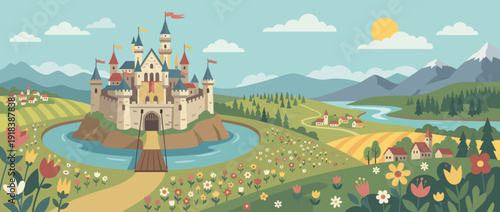 Flat Vector Illustration of a Majestic Medieval Castle on a Hilltop Surrounded by a Water Moat, Drawbridge, Blooming Flower Fields, Scenic Villages, Winding River, and Snow-Capped Mountain Landscape