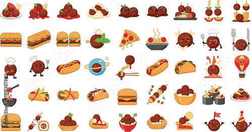 Vibrant cartoon meatball and fast food illustrations collection