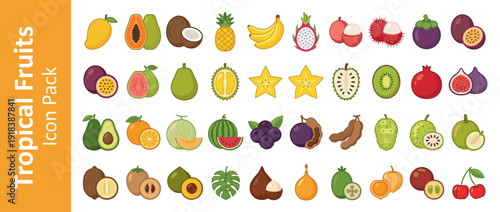 Set of 36 Tropical Fruit Vector Icons in Flat Design Style, Featuring Mango, Papaya, Pineapple, Dragon Fruit, Avocado, Watermelon, Durian, Mangosteen, and More Exotic Fruits for Food Illustration.