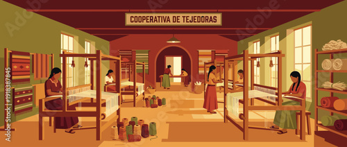 Flat Vector Illustration of a Traditional Weaving Cooperative with Women Working at Large Wooden Looms to Create Handmade Textiles and Fabrics in a Warm, Sunlit Artisan Workshop Environment