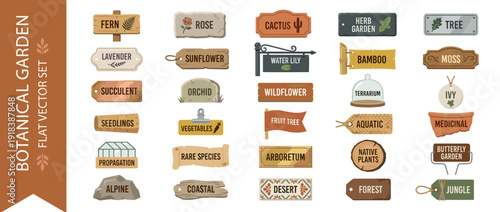 Botanical Garden Plant Labels and Markers Vector Icon Set. Flat Design Collection of 30 Signs for Fern, Rose, Cactus, Herb Garden, Tree, Lavender, Sunflower, Orchid, Wildflower, and Rare Species.