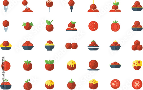 Variety of tomatoes and tomato dishes in modern flat design