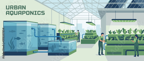 Flat vector illustration of a modern urban aquaponics facility with fish tanks, hydroponic plant beds, greenhouse workers, solar panels, and grow lights for sustainable indoor farming systems.
