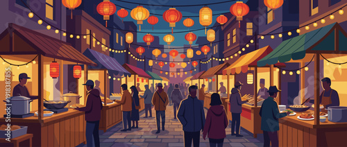 Vibrant flat vector illustration of a bustling Asian night market with glowing red lanterns, street food stalls, vendors cooking, and people walking through a festive evening city street scene.
