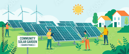 Sustainable community solar garden vector illustration featuring shared solar panels, wind turbines, and people managing green energy for residential houses in a clean environment concept.
