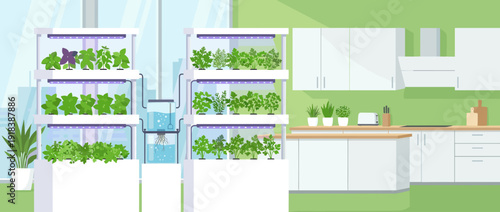 Modern indoor hydroponic herb garden in a kitchen flat vector illustration with LED grow lights, vertical farming system for fresh basil, parsley, and mint in a sustainable home interior design.