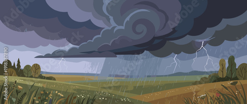 Flat vector illustration of a powerful spring thunderstorm over a vast prairie landscape with dramatic dark storm clouds, heavy rain, and distant lightning bolts striking the green fields.