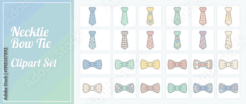Vector Clipart Set of 24 Neckties and Bow Ties in Pastel Colors and Flat Design. Collection of Fashion Accessories Icons featuring Patterns like Stripes, Polka Dots, Plaid, Floral, and Paisley.