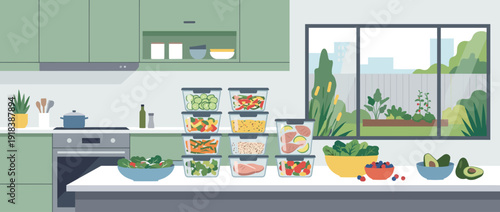 Healthy meal prep in a modern kitchen flat vector illustration with organized food containers, fresh vegetables, fruits, and grains on a countertop with a scenic garden window view background.