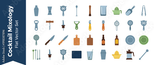 Flat Vector Icon Set of 30 Cocktail Bar Mixology Tools; Includes Shaker, Jigger, Strainer, Bar Spoon, Muddler, Mixing Glass, Juicer, Ice Scoop, Tongs, Bottle Opener, Corkscrew, Pourer, Peeler, Knife
