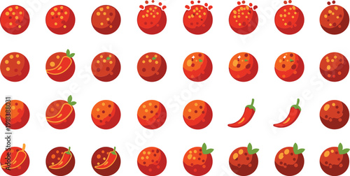 Vibrant red tomatoes and chili peppers illustration set