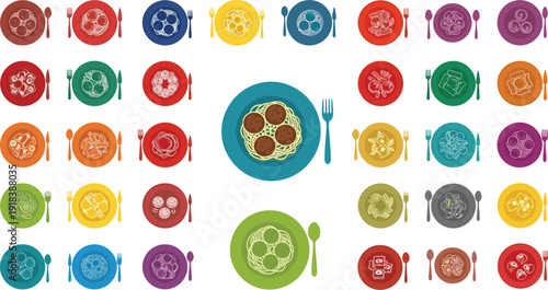 Vibrant plates of food with utensils arranged in colorful patterns