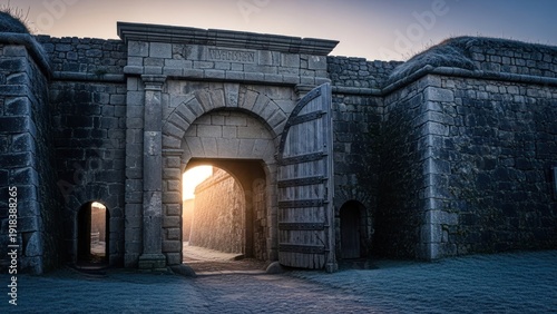 Stone fortress entrance, open wooden door revealing passage bathed in sunlight