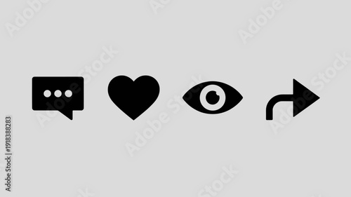 A row of four black glyph icons are displayed against a light gray background a speech bubble heart eye and arrow high quality professional detailed modern