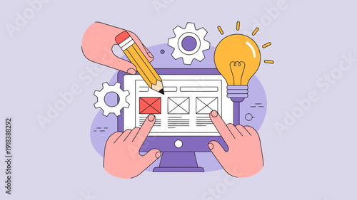 A hand uses a pencil to interact with a computer screen displaying a grid alongside gears and a glowing lightbulb high quality professional detailed modern elegant