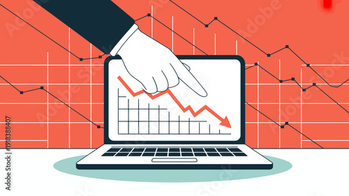 A hand points to a laptop screen displaying a declining graph visually representing market downturn economic loss or financial instability high quality professional detailed modern elegant