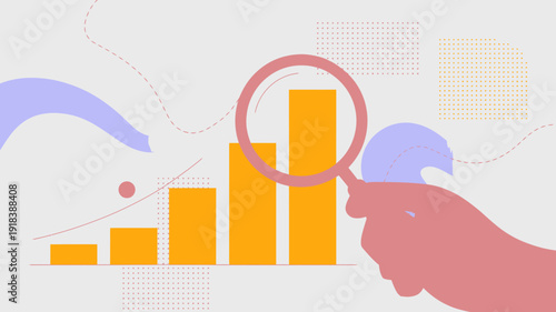 An illustration depicts a hand using a magnifying glass to examine a growing bar graph symbolizing data analysis and business growth high quality professional detailed modern