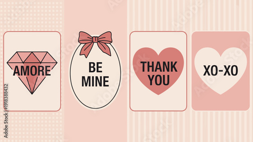 A series of four valentine cards with romantic imagery and text including a diamond bow heart and affectionate messages high quality professional detailed modern elegant stylish